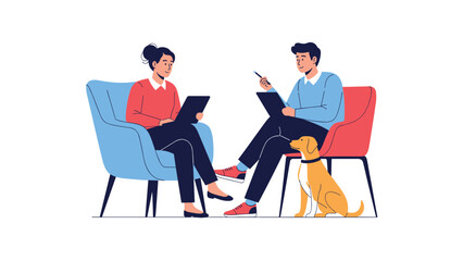 Fototapeta premium Two professionals having a discussion in comfortable chairs with a dog sitting nearby in a pet friendly office.