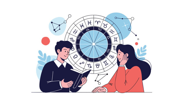 Young couple looking at a circular zodiac wheel chart with astrology symbols and constellations for horoscope reading.