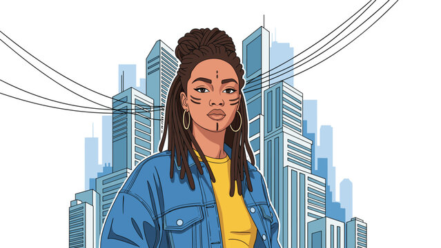 Young woman with dreadlocks and tribal face paint standing confidently in front of a blue city skyscraper background.