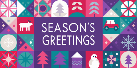 Festive geometric illustration with seasonal greetings and winter themed icons © Dipu