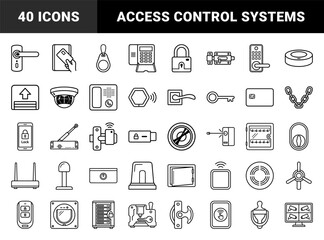 Fototapeta premium Home security and digital access control systems. Technical monoline pictograms for smart locks, surveillance, and automated entry solutions.