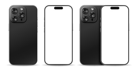 Fototapeta premium Vector illustration of front and back view of modern mobile phone with camera and empty white screen. Realistic mockup or template, isolated on white background