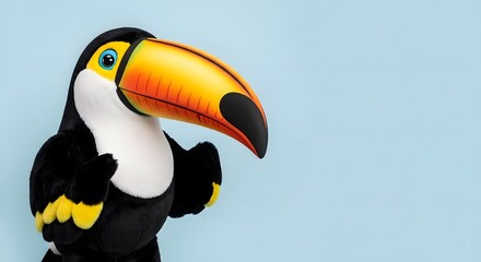 Fototapeta premium A detailed, close-up studio shot of a black, white, and yellow plush toucan toy against a soft blue background, highlighting its distinctive large, colorful beak.