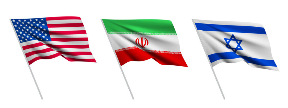 Vector illustration of waving United States of America, Islamic Republic of Iran and Israel flags related to Middle East war conflict