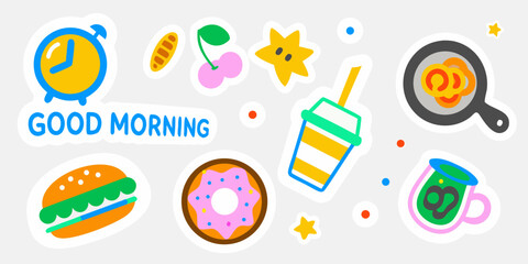 Colorful breakfast and morning themed stickers with food and objects
