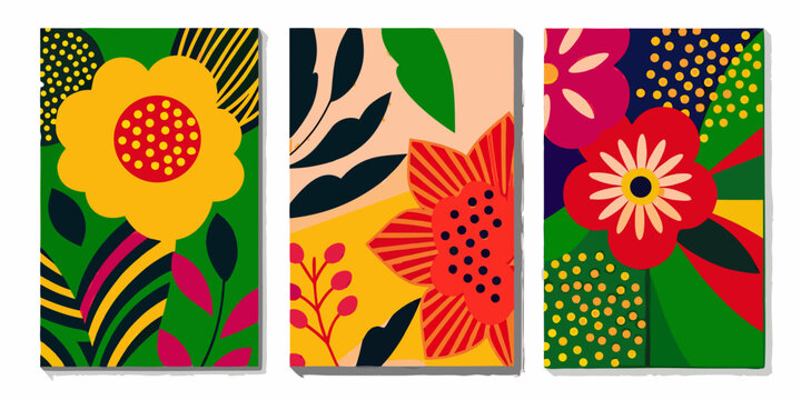 Abstract floral triptych featuring bold colors and geometric patterns