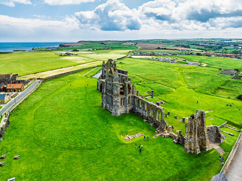 Whitby Abbey over Whitby and River Esk from a drone,  North Yorkshire,  England