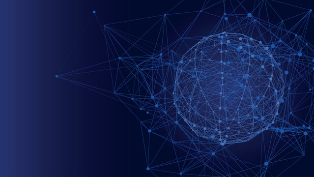 Vector digital network sphere on blue background. Wireframe globe with connected nodes and lines. Futuristic technology communication concept. Abstract data visualization.
