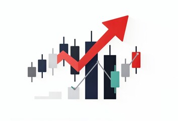 Abstract representation of financial growth and market trend analysis featuring candlestick charts and a bold red arrow emphasizing upward momentum