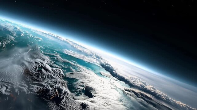 orbital view of Planet Earth emerging from darkness with a soft blue atmospheric glow outlining the curved horizon, faint city lights visible across the night