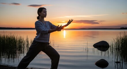 Fototapeta premium Woman practicing qigong at sunset by tranquil lake