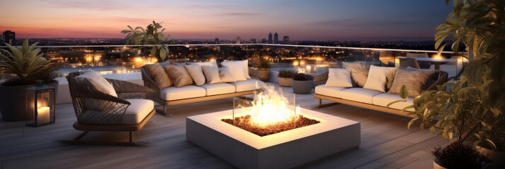 Fototapeta premium outdoor seating area with several chairs arranged around a fire pit on residential house terrace