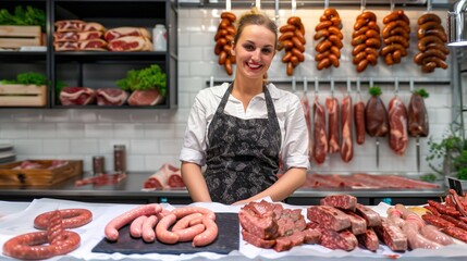 Saleswoman in butchery stands in a shop for meat and sausage © Wolfilser