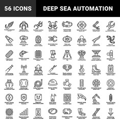 Fototapeta premium Biomechanical engineering and deep-sea robotic components. Technical monoline pictograms for underwater exploration and industrial automation.