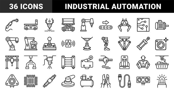 Industrial automation and robotic manufacturing systems elements. Technical monoline icons featuring smart factory machinery and cobot engineering concepts.
