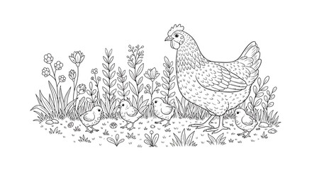 Fototapeta premium Mother Hen and Chicks in a Grassy Meadow with Flowers, Isolated White Background, Black and White Outline Drawing