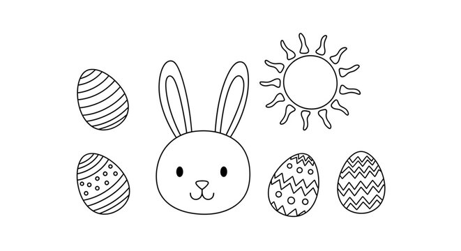 Cute Easter bunny face with the sun and decorative Easter eggs, black and white outline for a coloring page, isolated white background.