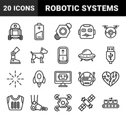 Fototapeta premium Robotics and artificial intelligence automation elements for future technology. Bold monoline pictograms featuring cybernetic systems and machine learning concepts.