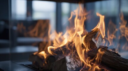 Fototapeta premium Burning fireplace flames and wood