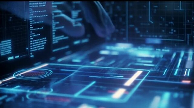 Futuristic Digital Interface with Hand Interacting with Glowing Blue Elements.