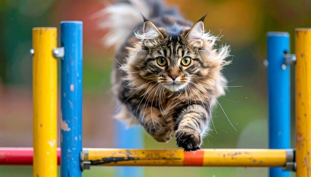 Fluffy cat leaping over colorful agility equipment