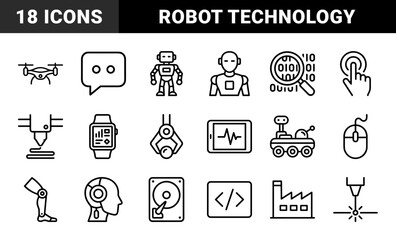 Fototapeta premium Advanced robotics and automated manufacturing elements for industrial technology. Technical monoline pictograms featuring artificial intelligence and smart factory systems.