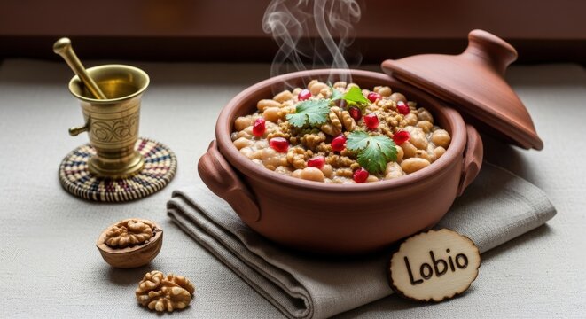 Traditional Georgian Lobio Bean Stew in Clay Ketsi Pot with Walnut Paste and Pomegranate