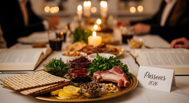 Passover seder 2026, traditional meal with candles and religious books