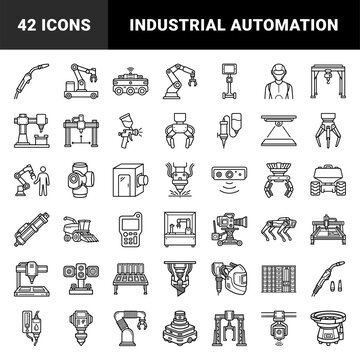 Industrial automation and robotic manufacturing systems for smart factory workflows. Technical monoline illustrations featuring heavy machinery and cobot technology.