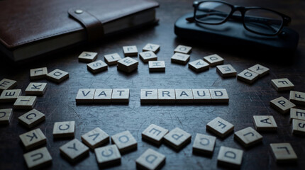Fototapeta premium VAT Fraud Concept with Letter Tiles and Office Items on Dark Wooden Desk, Finance Crime