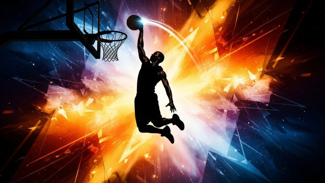 Basketball Player Silhouette Dunking Ball into Hoop on Abstract Colorful Background with Energy and Motion