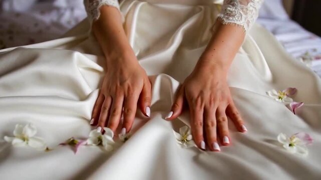 Bride Hands on Satin Wedding Dress with Flower Petals