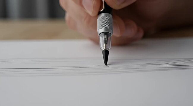 Closeup of a hand drawing straight lines with a mechanical pencil on paper