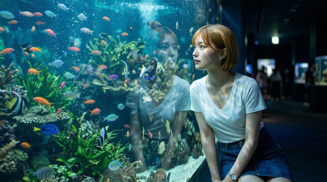 水槽のガラス越しに泳ぐ魚をじっと見つめる女性と光の波紋
