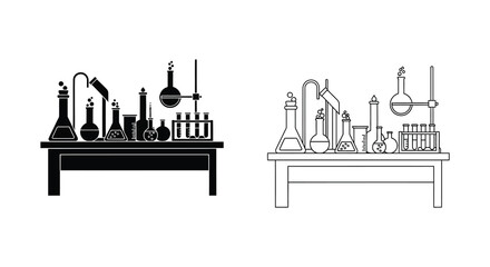 Obraz premium Laboratory glassware and apparatus displayed in black and white a silhouette
