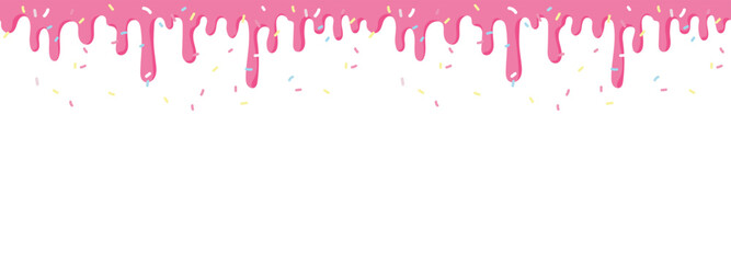 Seamless icing drip texture with sprinkles. Tiling cake frosting pattern repeating horizontally. Pink strawberry icing with colorful sprinkles. Sweet dessert decoration in cartoony style.