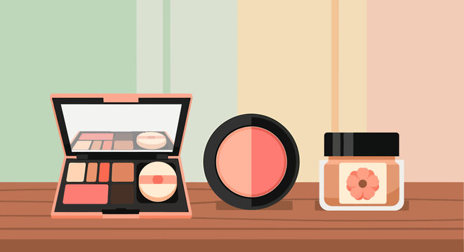 Cartoon illustration of makeup products on wooden table in front of colorful wall