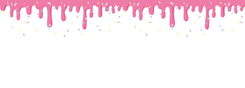 Seamless icing drip texture with sprinkles. Tiling cake frosting pattern repeating horizontally. Pink strawberry icing with colorful sprinkles. Sweet dessert decoration in cartoony style.