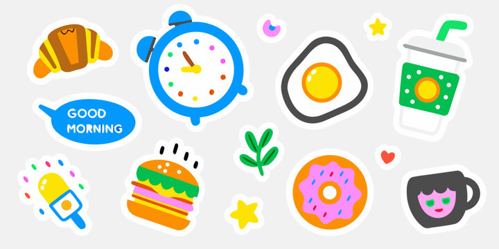Colorful stickers depicting breakfast items a clock and morning greetings