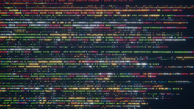 Digital data stream displaying programming code on a screen with glitch effect