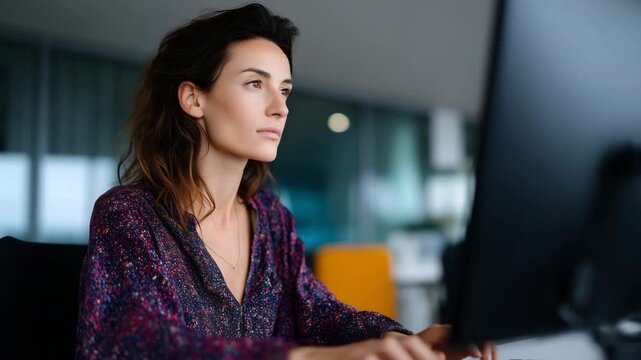 Office employee managing tasks on a large desktop monitor displaying a digital management dashboard, back view of a woman using a widescreen computer in a bright modern office dashboard, back view