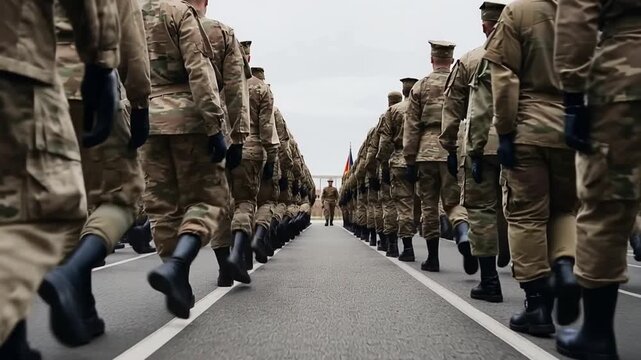 A video of soldiers marching in formation on a road during a military parade