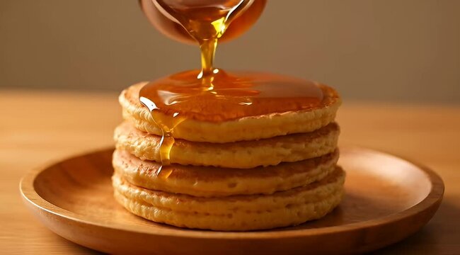 Golden cascade a stack of pancakes drenched in syrup with warm lighting