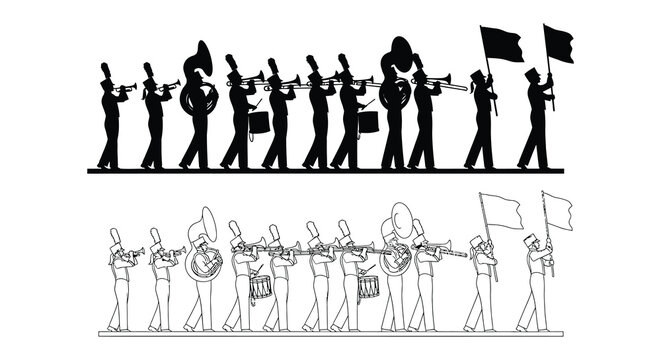 Marching band performance with brass instruments and flags black silhouette