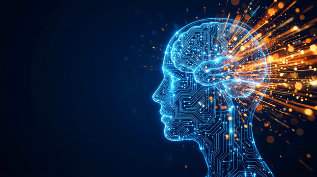 Futuristic Digital Human Head Profile with Glowing Blue Circuit Board Brain and Orange Particle Burst
