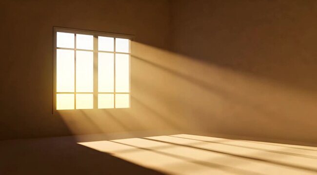 Static camera of a minimalist room with sunlight entering through a window