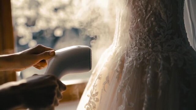Steaming Lace Bridal Gown by Window in Warm Morning Light