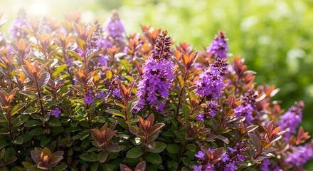 Obraz premium Vibrant Purple Flower Bush in Soft Sunlight with Green Blurred Background and Lens Flare Effect
