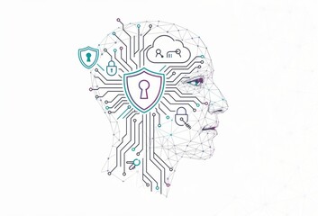 Obraz premium Abstract representation of the human head with digital locks and cloud icons illustrating cybersecurity concepts and the intersection of artificial intelligence and technology identity