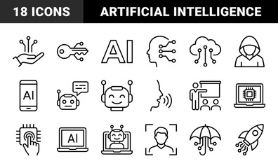 Fototapeta premium Artificial intelligence and machine learning technology elements. Technical monoline pictograms for neural networks, data processing, and robotic automation.